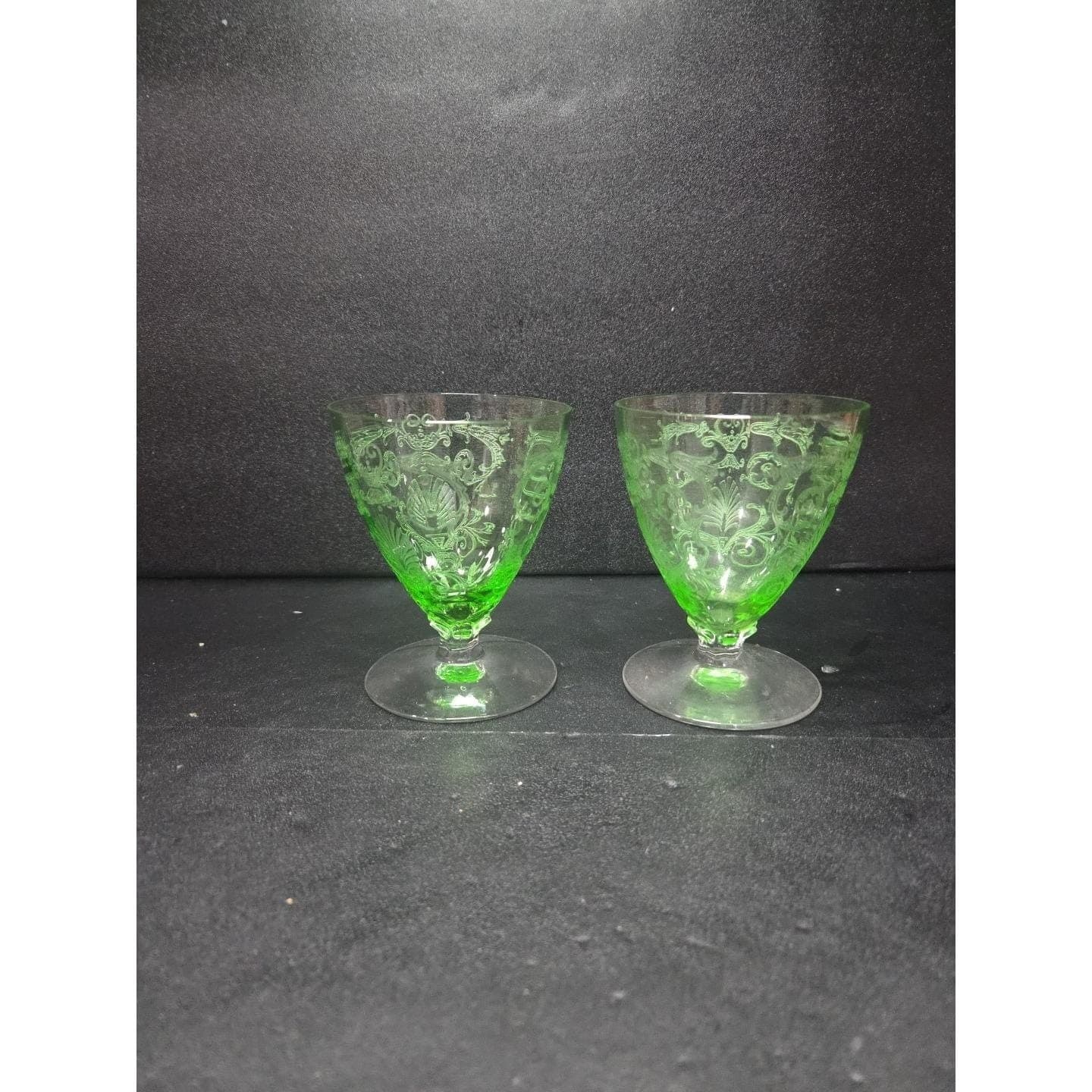 Fostoria Versailles Etched Cocktail Glasses, Set of 2, Vtg Footed Uranium Glass - Thumbnail 8