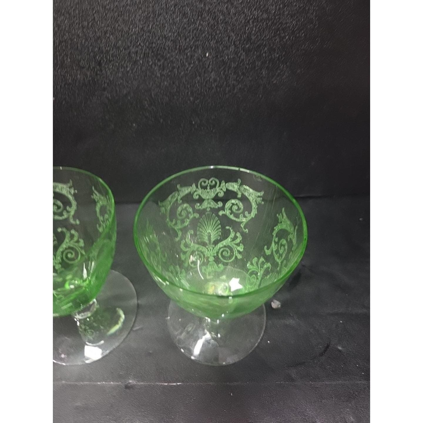 Fostoria Versailles Etched Cocktail Glasses, Set of 2, Vtg Footed Uranium Glass - Thumbnail 3