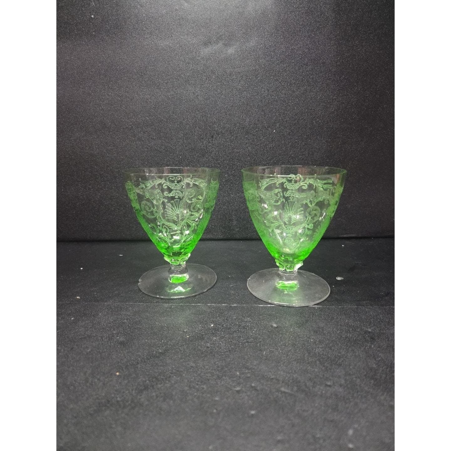 Fostoria Versailles Etched Cocktail Glasses, Set of 2, Vtg Footed Uranium Glass - Thumbnail 2