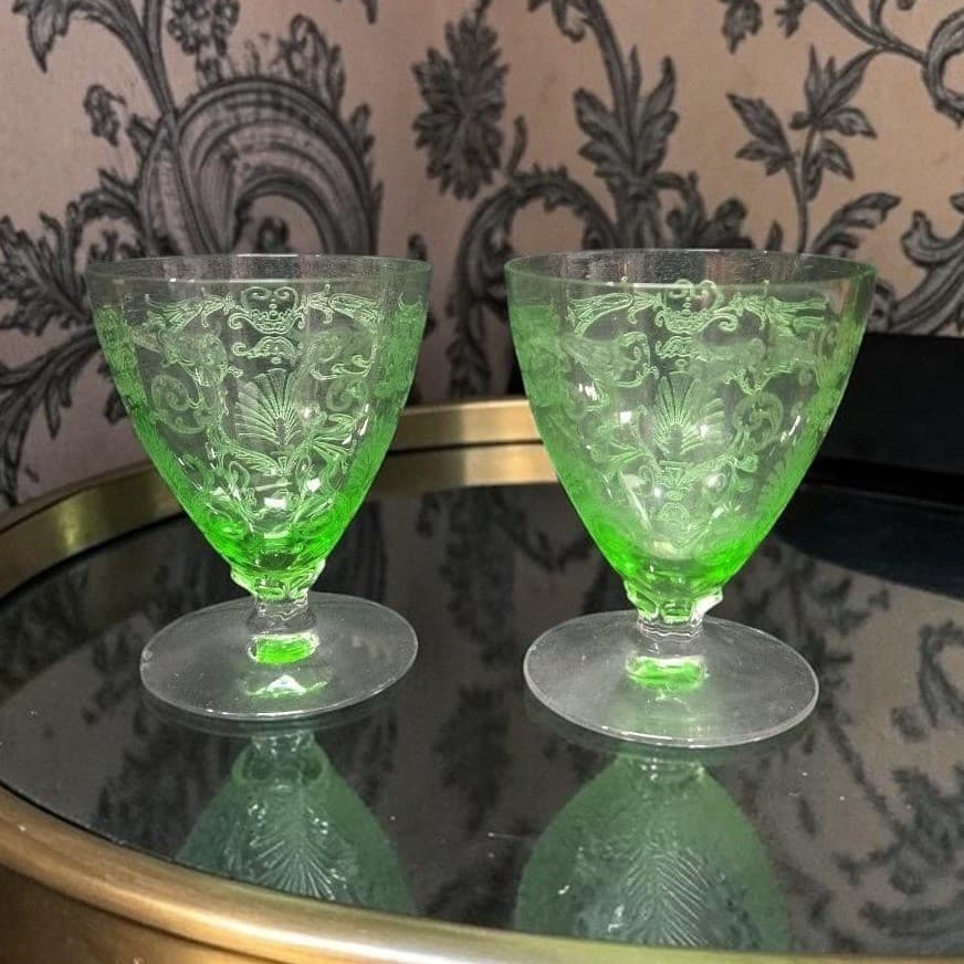 Fostoria Versailles Etched Cocktail Glasses, Set of 2, Vtg Footed Uranium Glass
