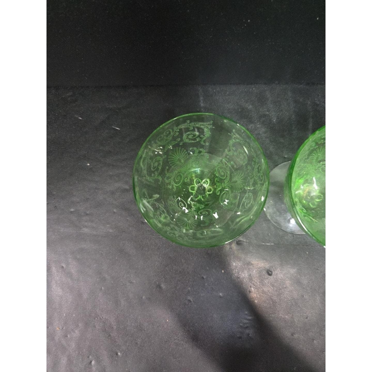 Fostoria Versailles Etched Cocktail Glasses, Set of 2, Vtg Footed Uranium Glass - Thumbnail 11