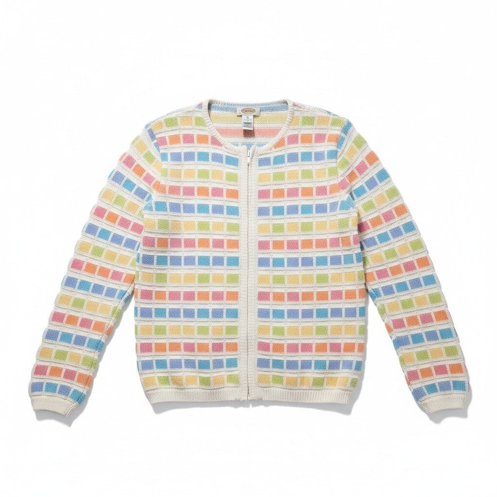 Talbots Pastel Multi Color Geometric Block Zip Up, Woman's Small Cotton Cardigan