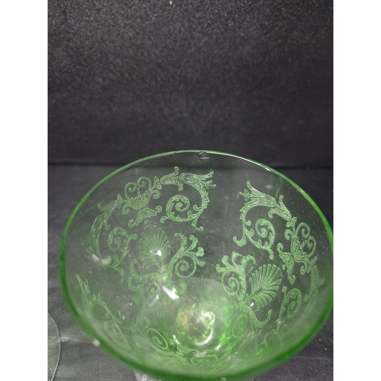 Fostoria Versailles Etched Cocktail Glasses, Set of 2, Vtg Footed Uranium Glass - Thumbnail 7