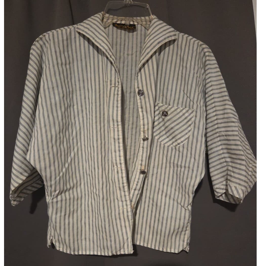 Collegiana Blue White Striped Dolman Sleeve Button Up, Vtg Shirt, Crest Button - Thumbnail 3