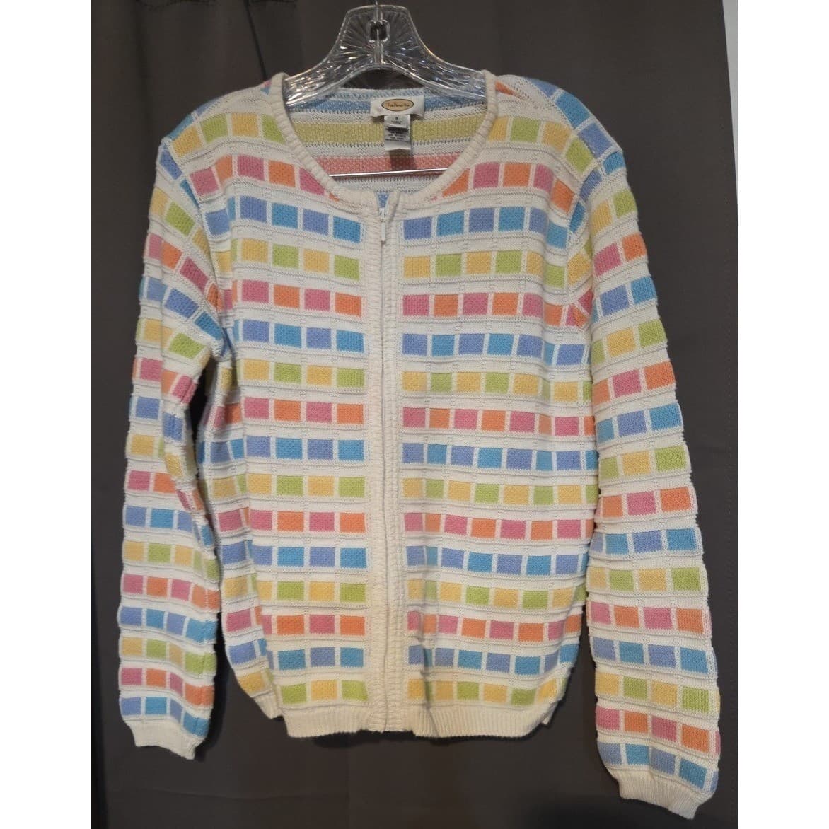 Talbots Pastel Multi Color Geometric Block Zip Up, Woman's Small Cotton Cardigan - Thumbnail 3