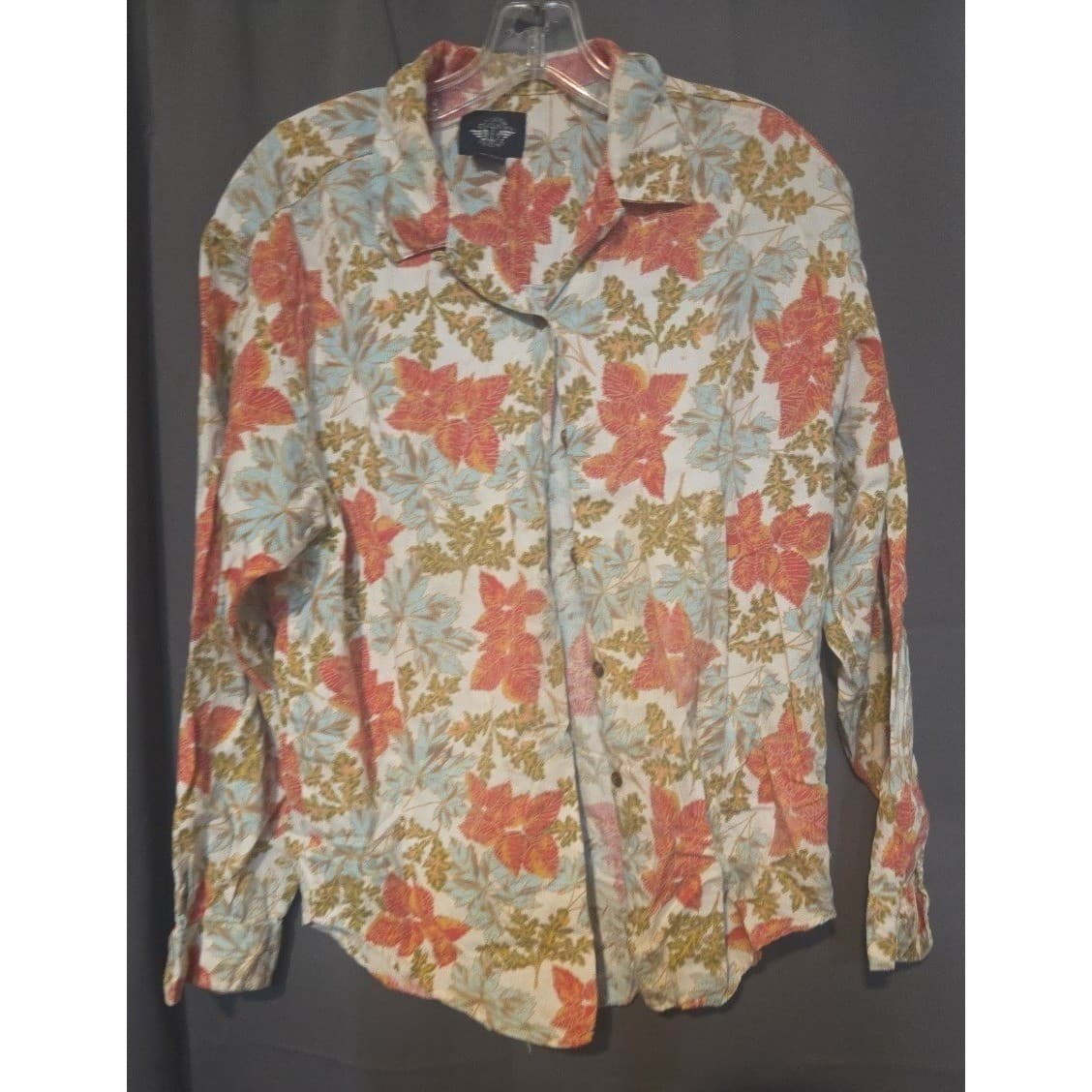 Dockers Orange Green Leaf Print Button Down, Woman's Small Shirt, Long Sleeve - Thumbnail 3