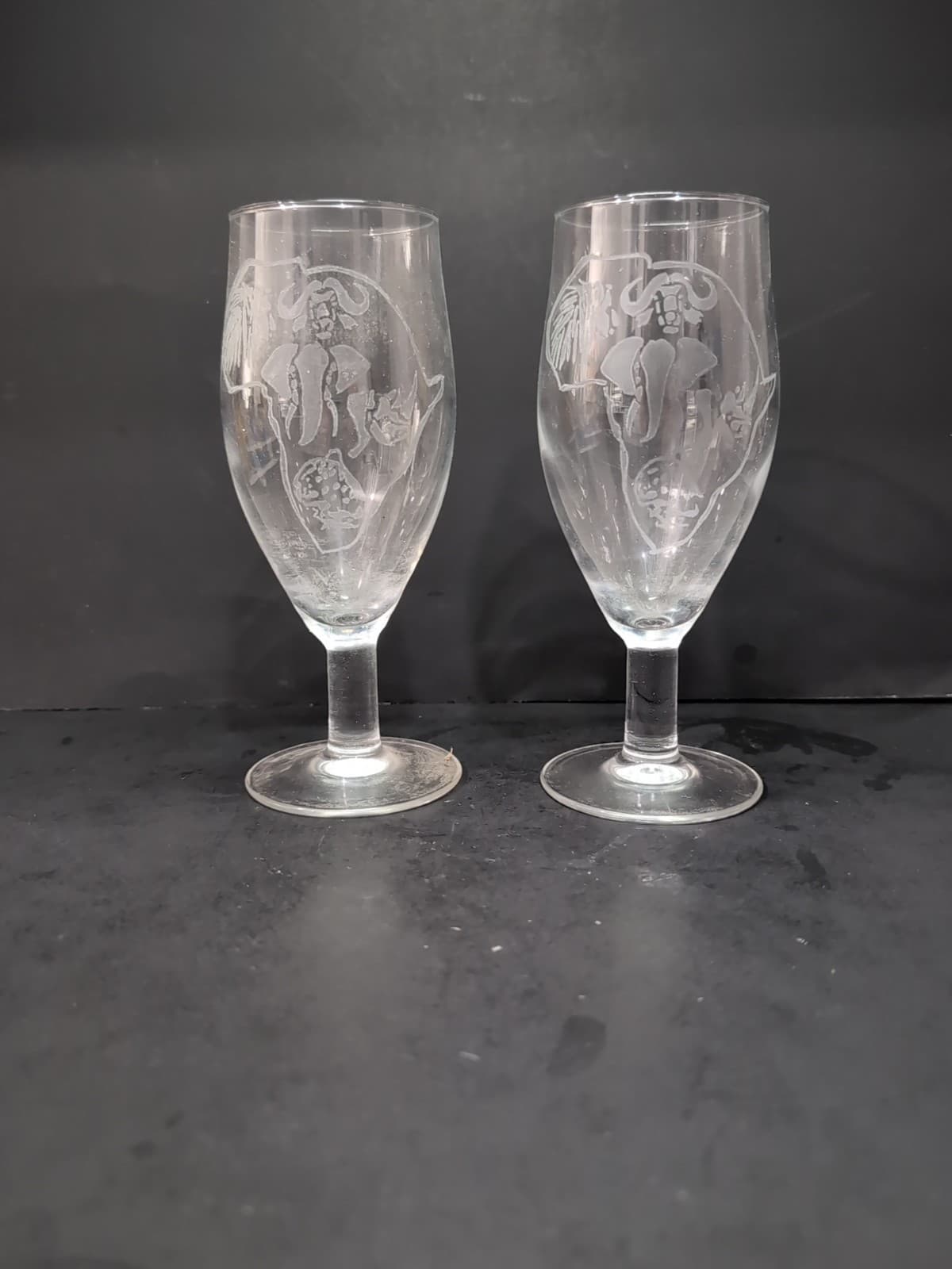 African Zoo Animals Glass Water Goblets, Etched Glasses, Chintz, Goblet Pair