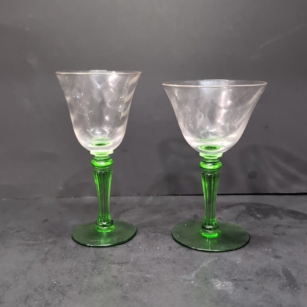 Tiffin Green Stem Cordials, Set of 2, Optic Design Liqueur Glasses, Cocktails - Thumbnail 2