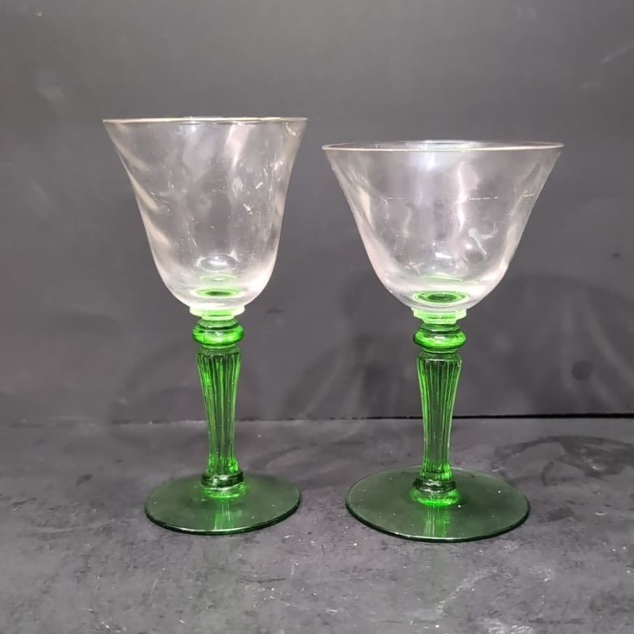 Tiffin Green Stem Cordials, Set of 2, Optic Design Liqueur Glasses, Cocktails - Thumbnail 4