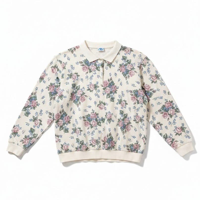 Ship n Shore Vtg Floral Polo Sweatshirt, Cream Pink Blue, Women's Large NRW3A6