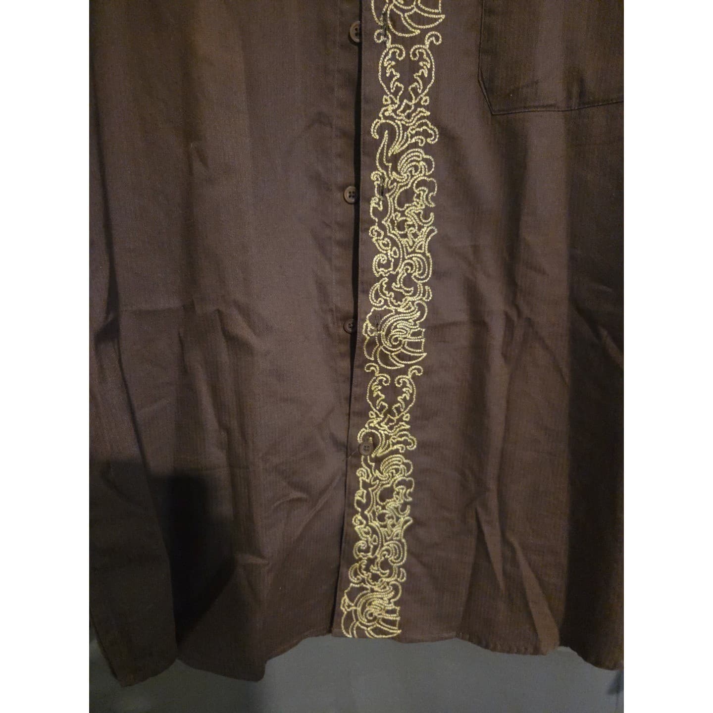 Contigo Long Sleeve Button Down Shirt, Brown Gold Embroidered Scroll, Men's - Thumbnail 6