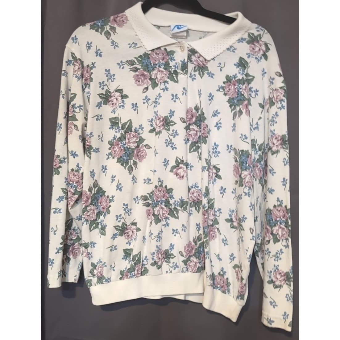 Ship n Shore Vtg Floral Polo Sweatshirt, Cream Pink Blue, Women's Large NRW3A6 - Thumbnail 3