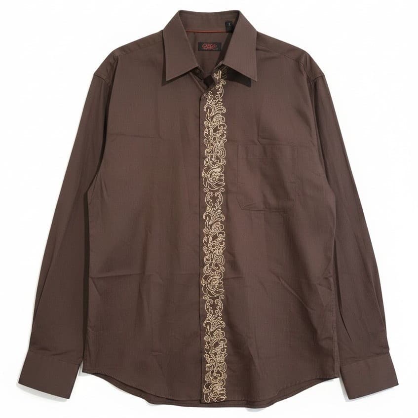 Contigo Long Sleeve Button Down Shirt, Brown Gold Embroidered Scroll, Men's