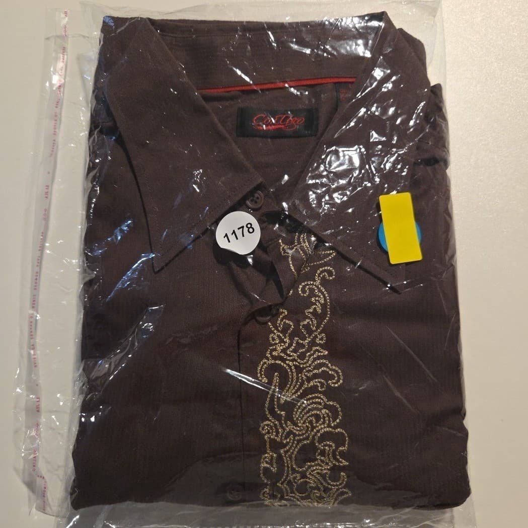 Contigo Long Sleeve Button Down Shirt, Brown Gold Embroidered Scroll, Men's - Thumbnail 10