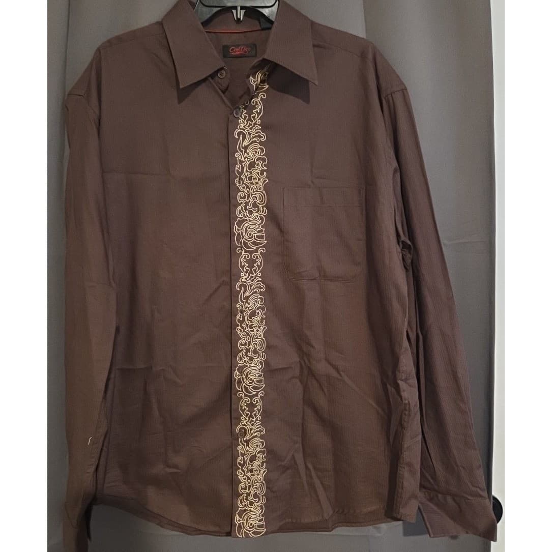 Contigo Long Sleeve Button Down Shirt, Brown Gold Embroidered Scroll, Men's - Thumbnail 3