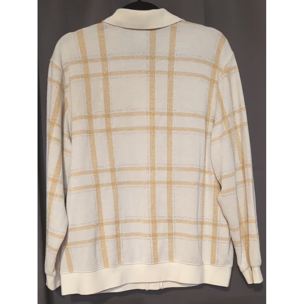 Cathy Daniels Cream Gold Plaid Metallic Button Front Polo, Womens Large Cardigan - Thumbnail 4