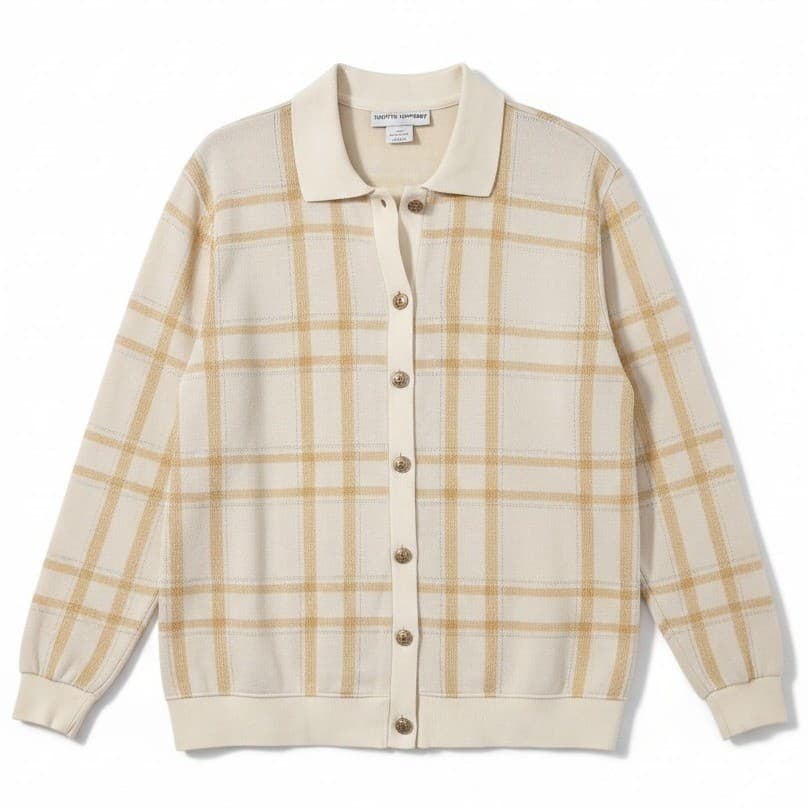 Cathy Daniels Cream Gold Plaid Metallic Button Front Polo, Womens Large Cardigan
