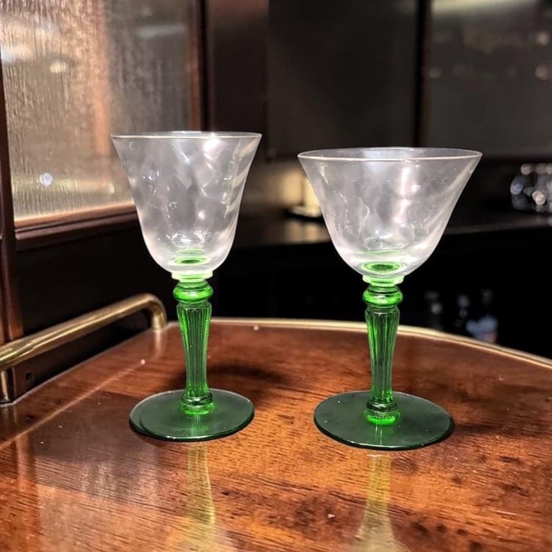 Tiffin Green Stem Cordials, Set of 2, Optic Design Liqueur Glasses, Cocktails