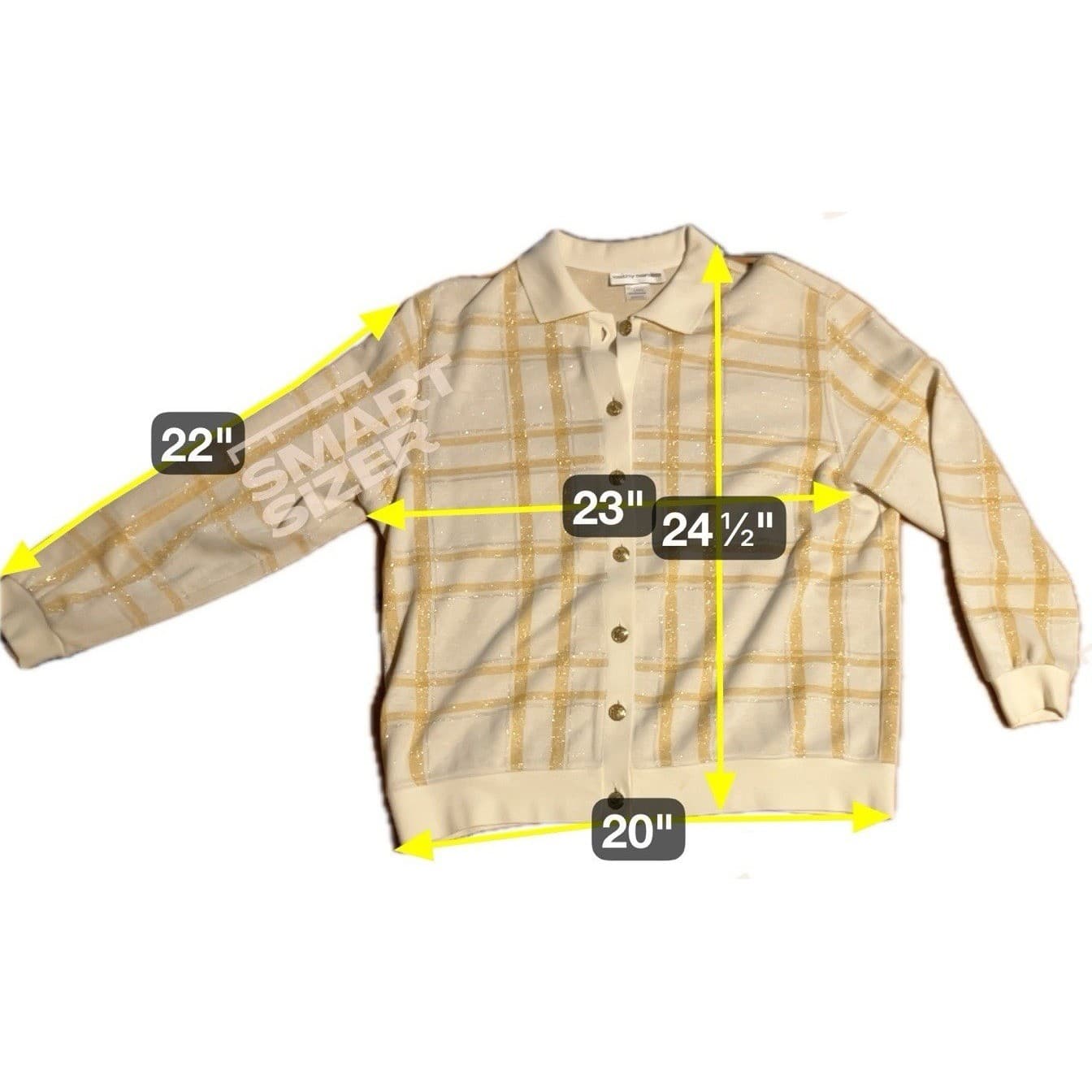 Cathy Daniels Cream Gold Plaid Metallic Button Front Polo, Womens Large Cardigan - Thumbnail 2