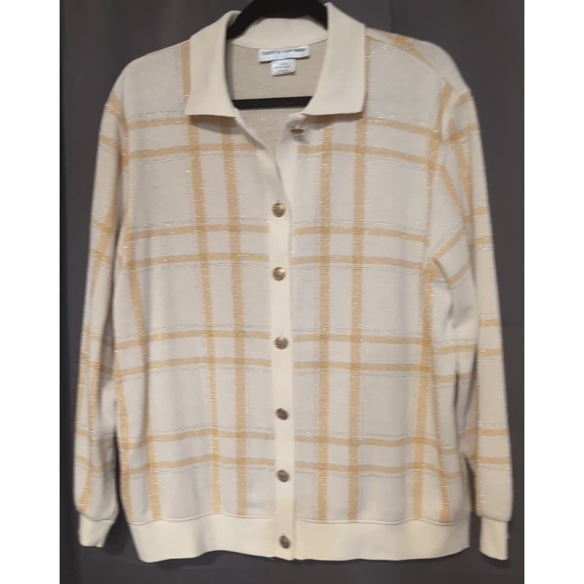Cathy Daniels Cream Gold Plaid Metallic Button Front Polo, Womens Large Cardigan - Thumbnail 3