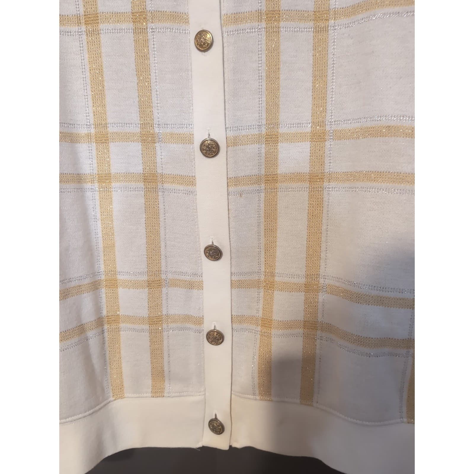 Cathy Daniels Cream Gold Plaid Metallic Button Front Polo, Womens Large Cardigan - Thumbnail 7