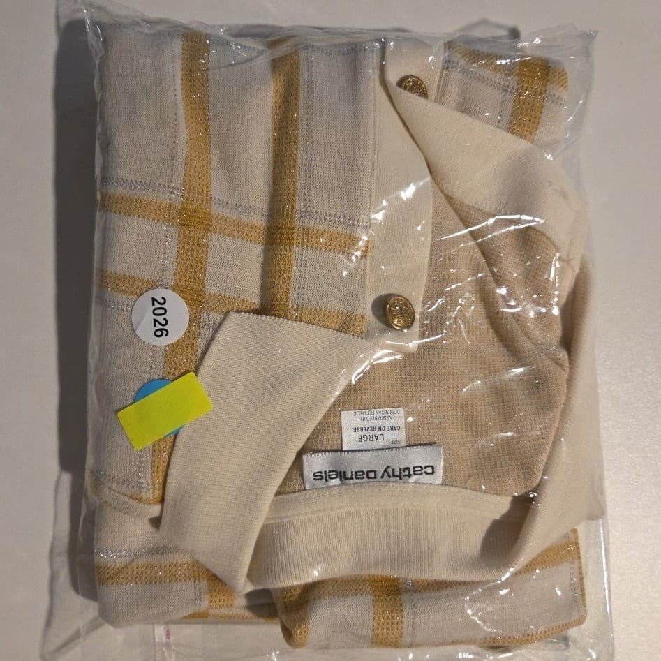 Cathy Daniels Cream Gold Plaid Metallic Button Front Polo, Womens Large Cardigan - Thumbnail 8