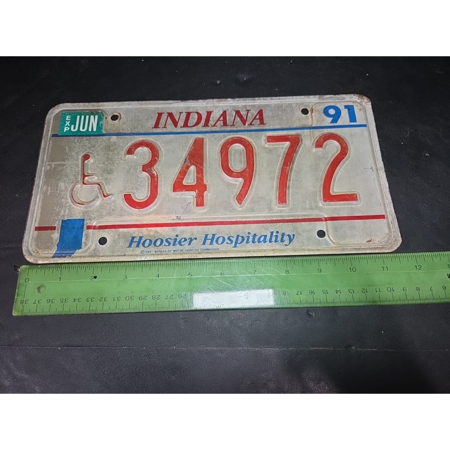 Indiana Handicap License Plate 34972, Hoosier Hospitality, Vintage, JUN 91 Tag - Thumbnail 4
