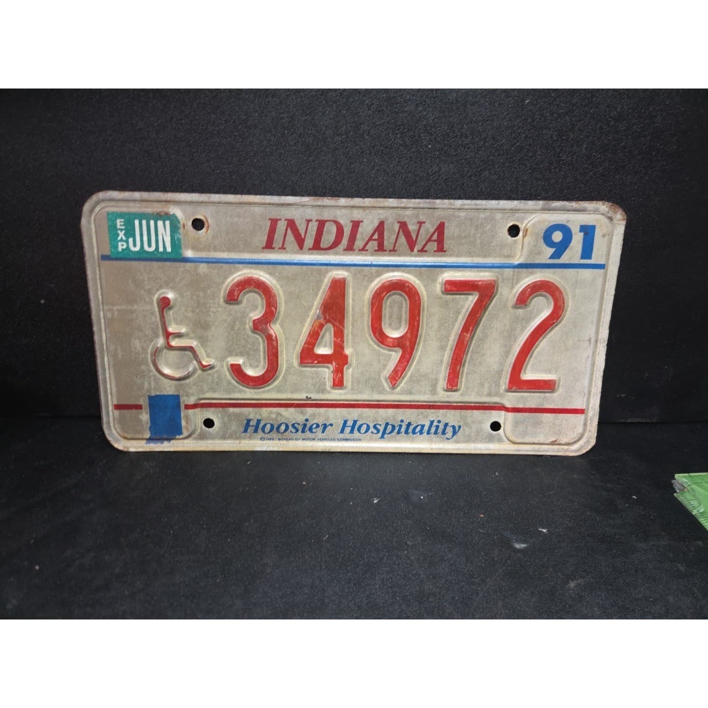 Indiana Handicap License Plate 34972, Hoosier Hospitality, Vintage, JUN 91 Tag