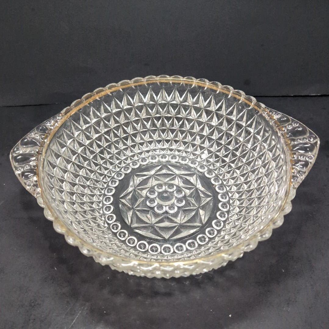 Crystal Serving Bowl with Handles, Vintage Diamond Cut Design, Centerpiece - Thumbnail 2