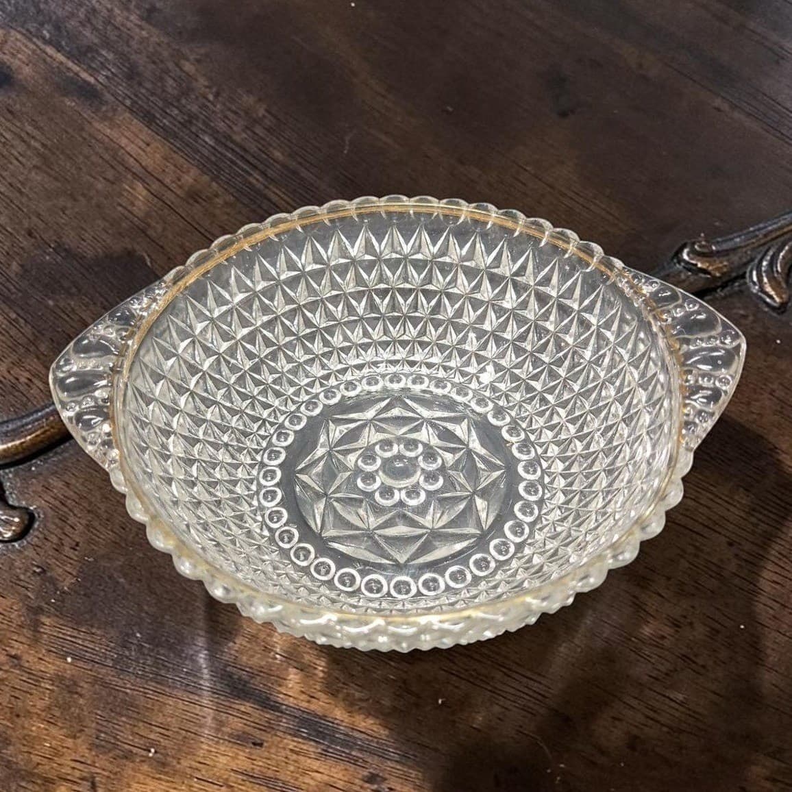 Crystal Serving Bowl with Handles, Vintage Diamond Cut Design, Centerpiece