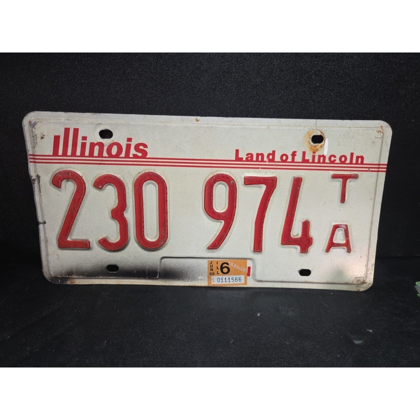 Illinois Land of Lincoln License Plate 230 974 TA, Red White Trailer, Vintage