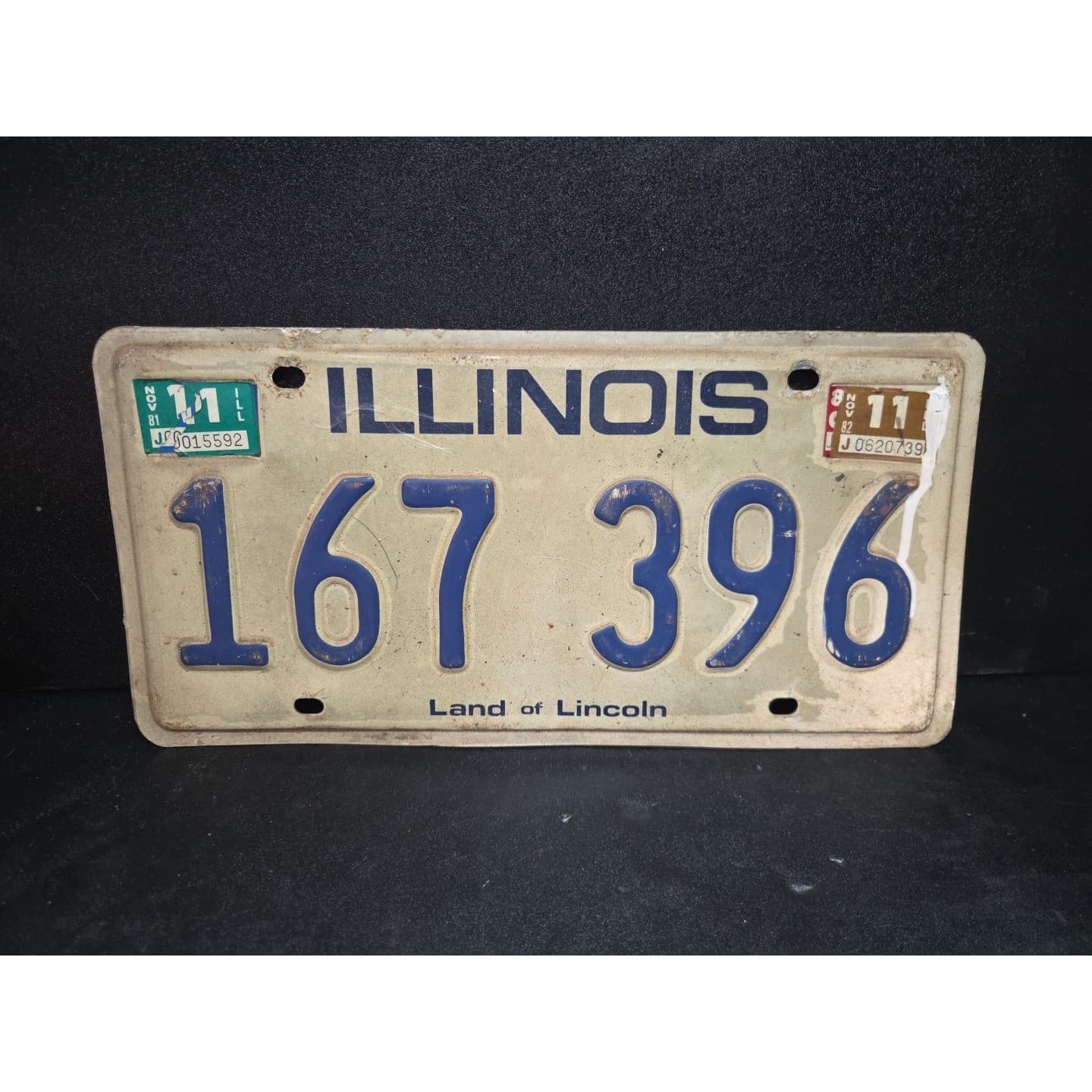 Illinois License Plate 167 396, Land of Lincoln, Blue White Tag, Vintage 1982