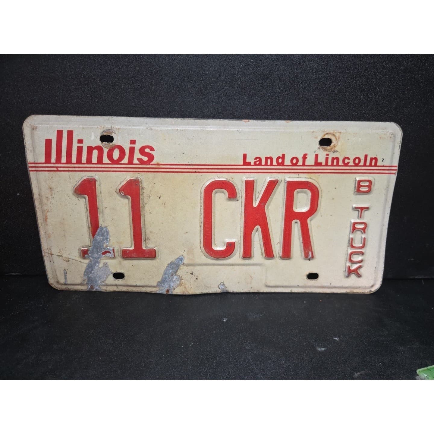 Illinois License Plate 11 CKR, Land of Lincoln B Truck, Red White Metal, Vintage