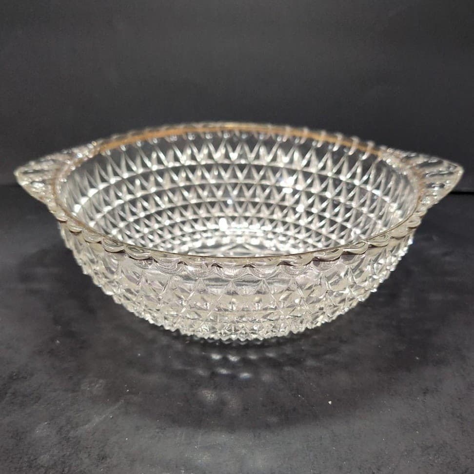 Crystal Serving Bowl with Handles, Vintage Diamond Cut Design, Centerpiece - Thumbnail 3