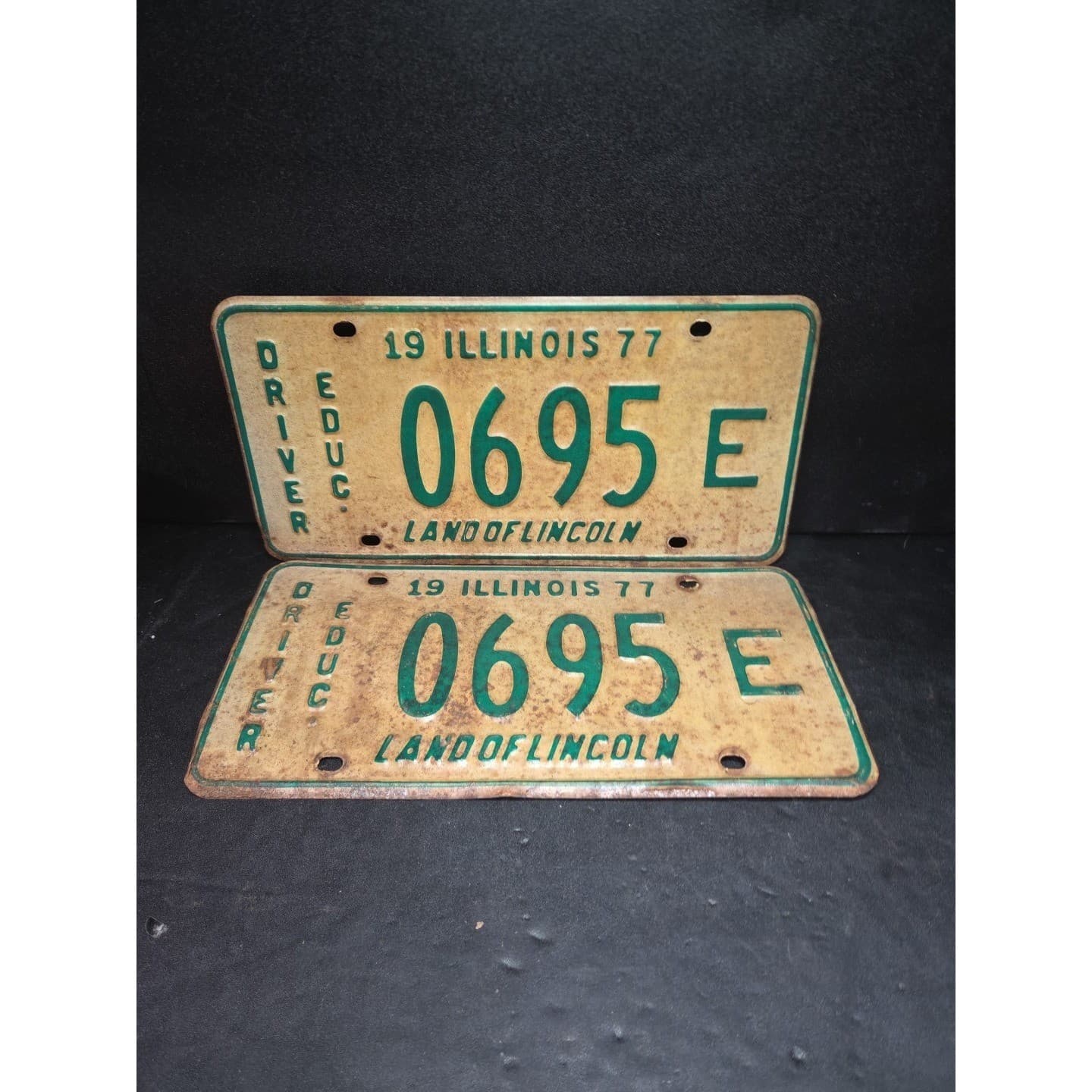 Illinois License Plates Pair 0695 E, Driver Education, Land of Lincoln, Vintage
