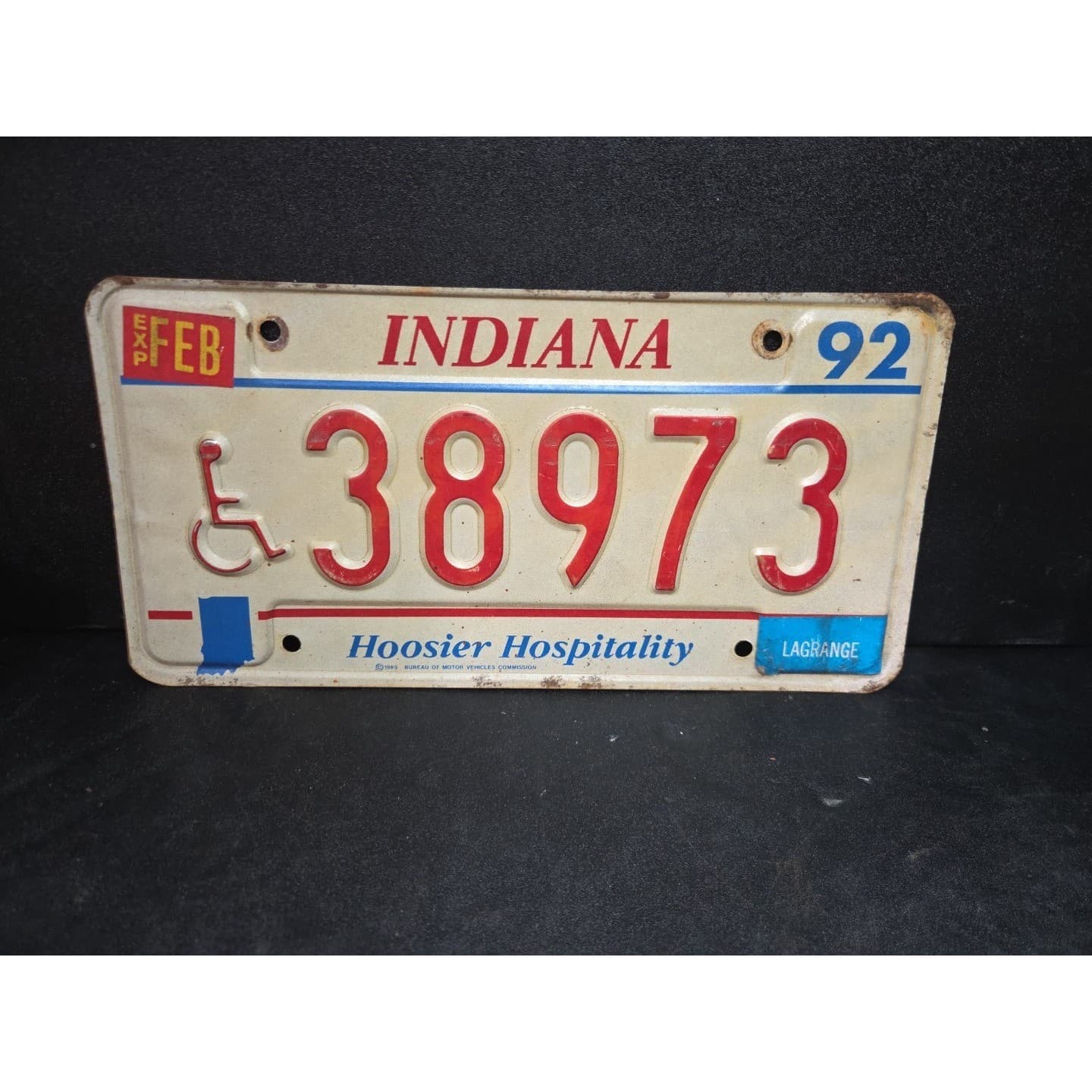 Indiana Handicap License Plate 38973, Hoosier Hospitality, Lagrange Vintage 1992
