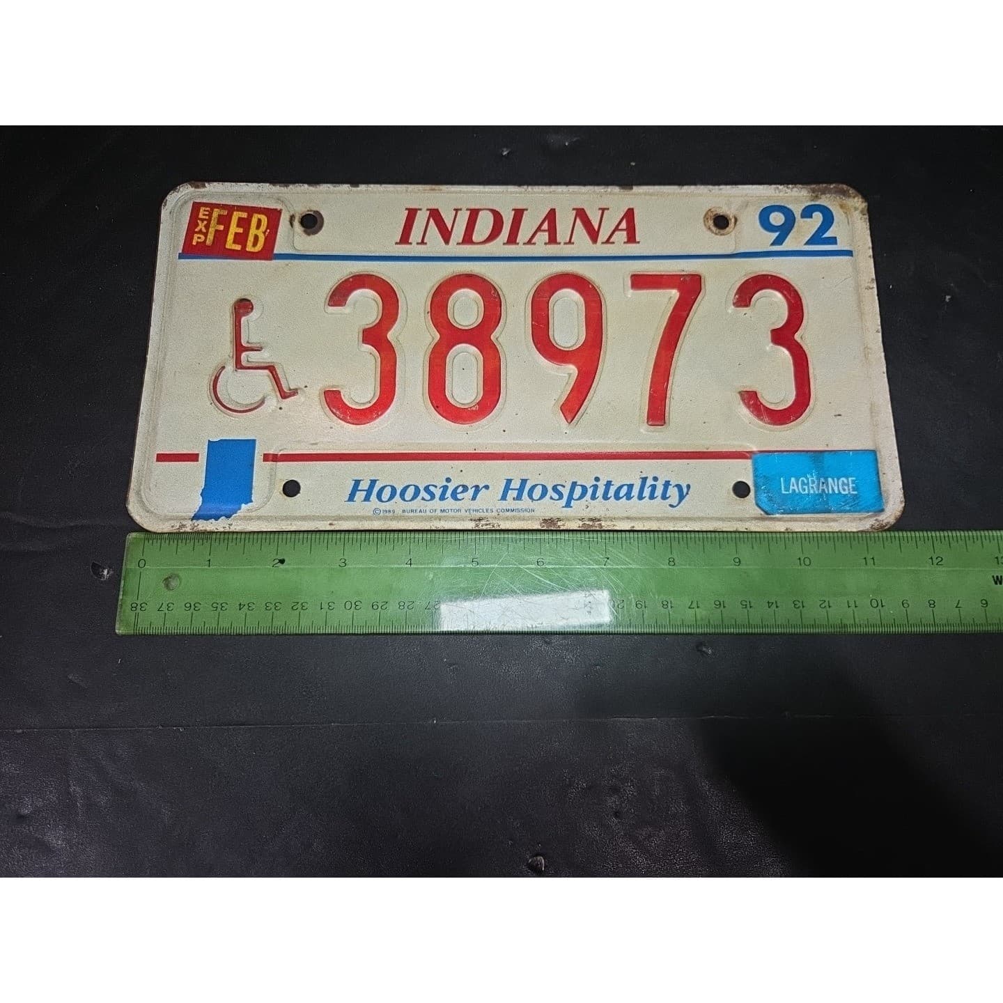 Indiana Handicap License Plate 38973, Hoosier Hospitality, Lagrange Vintage 1992 - Thumbnail 4