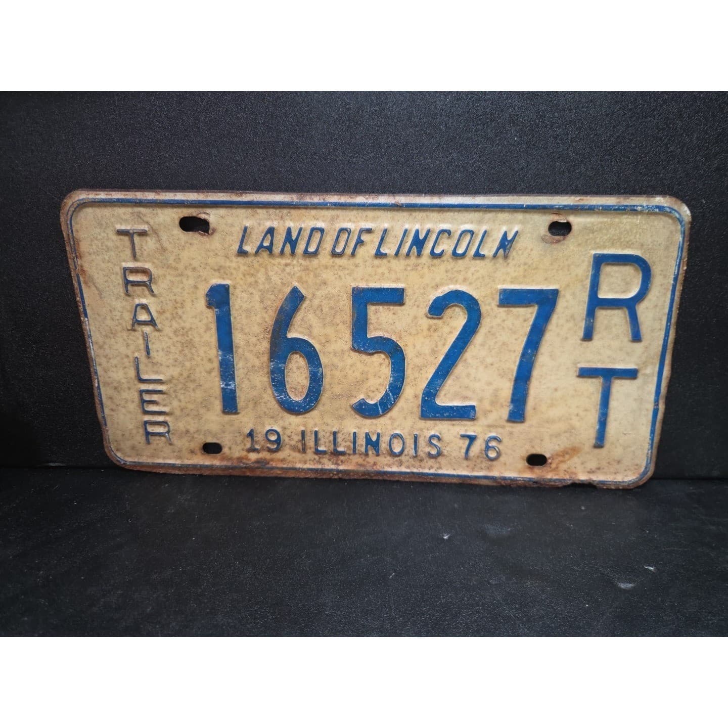 Illinois Trailer License Plate 16527 RT, Land of Lincoln, Blue White, Vintage