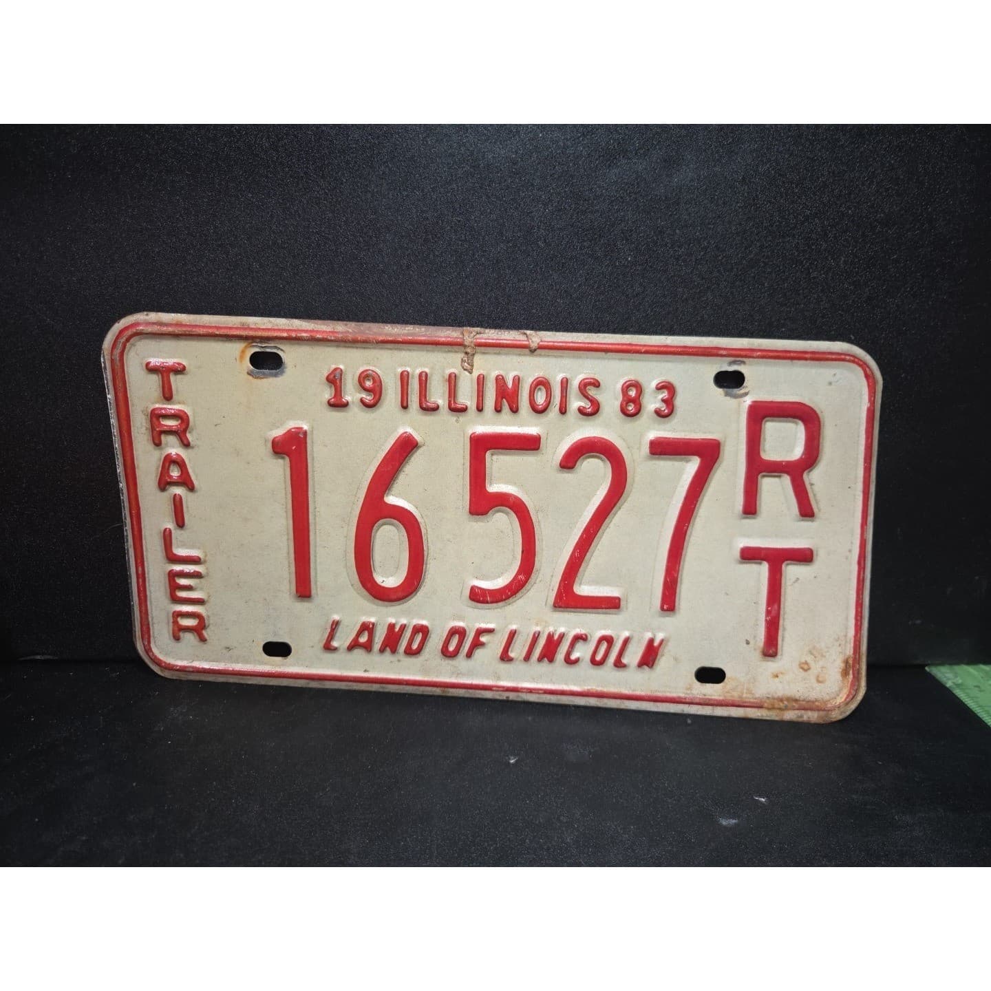 Illinois Trailer License Plate 16527 RT, Land of Lincoln, Red White Vintage 1983