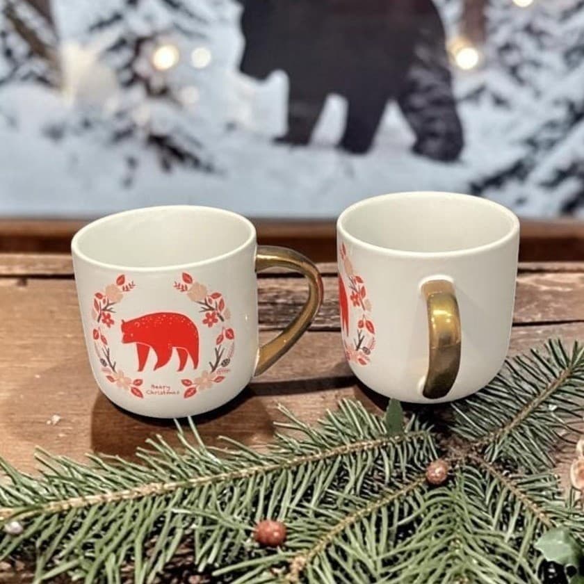 Threshold Beary Christmas Stoneware Coffee Cups, Set of 2, Red Bear Design Mugs