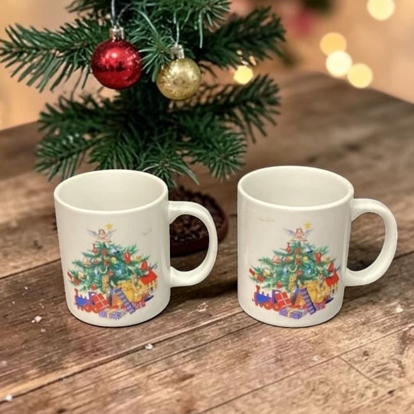 BIA Cordon Bleu White Christmas Tree Coffee Cups, Set of 2, Vtg Porcelain Mugs