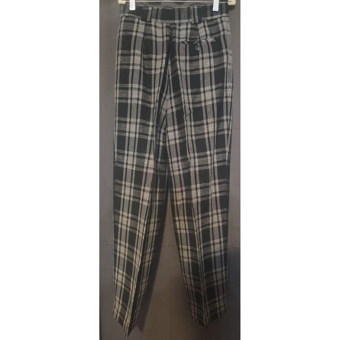 Collectible Gold Giorgio Sant'Angelo Black White Plaid Linen Blend Tapered Pants - Thumbnail 4