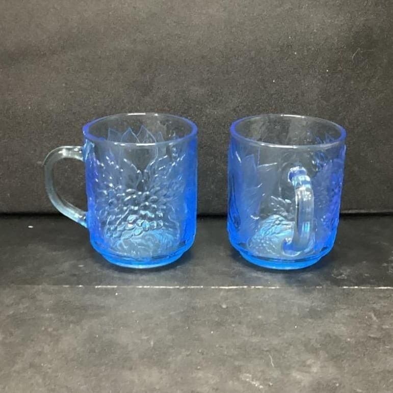Kig Indonesia Blue Glass Cups, Set Of 2, Vintage Embossed Fruit Design Drinkware - Thumbnail 2