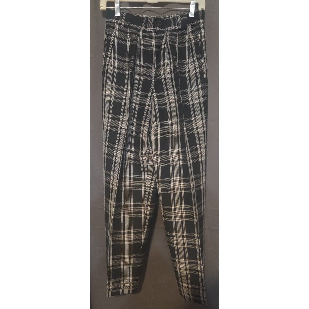 Collectible Gold Giorgio Sant'Angelo Black White Plaid Linen Blend Tapered Pants - Thumbnail 3