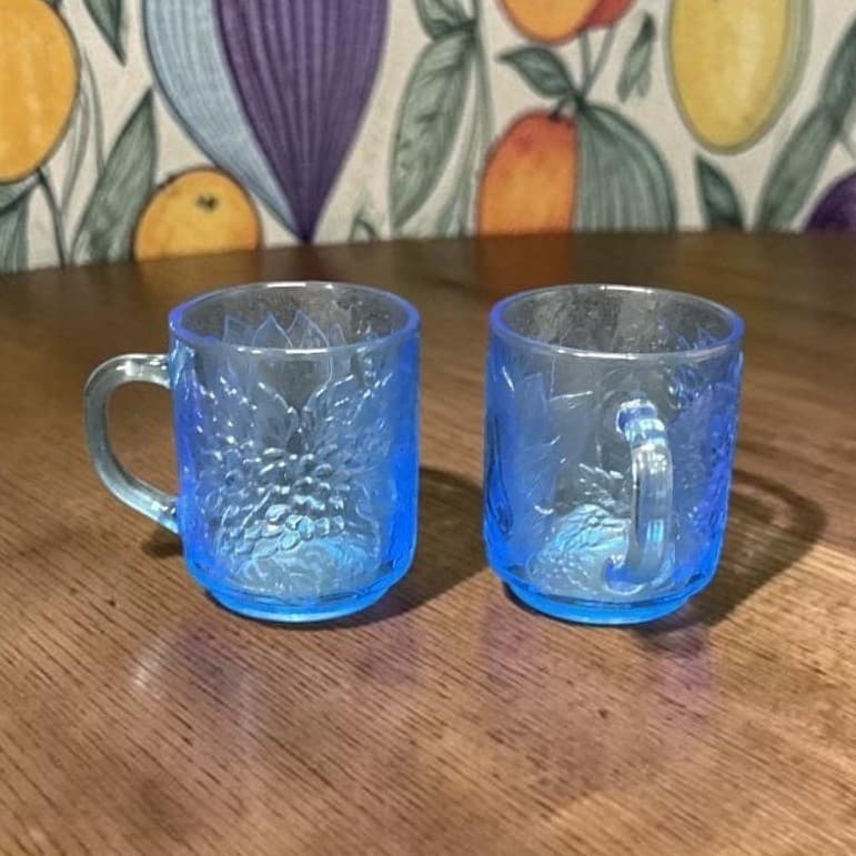 Kig Indonesia Blue Glass Cups, Set Of 2, Vintage Embossed Fruit Design Drinkware