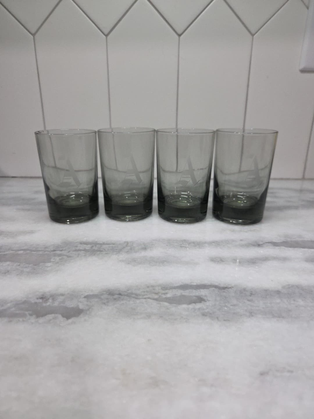 Smoky Grey Glass Juice Glasses, Small Glasses Set Of 4, Monogram "A" Glassware