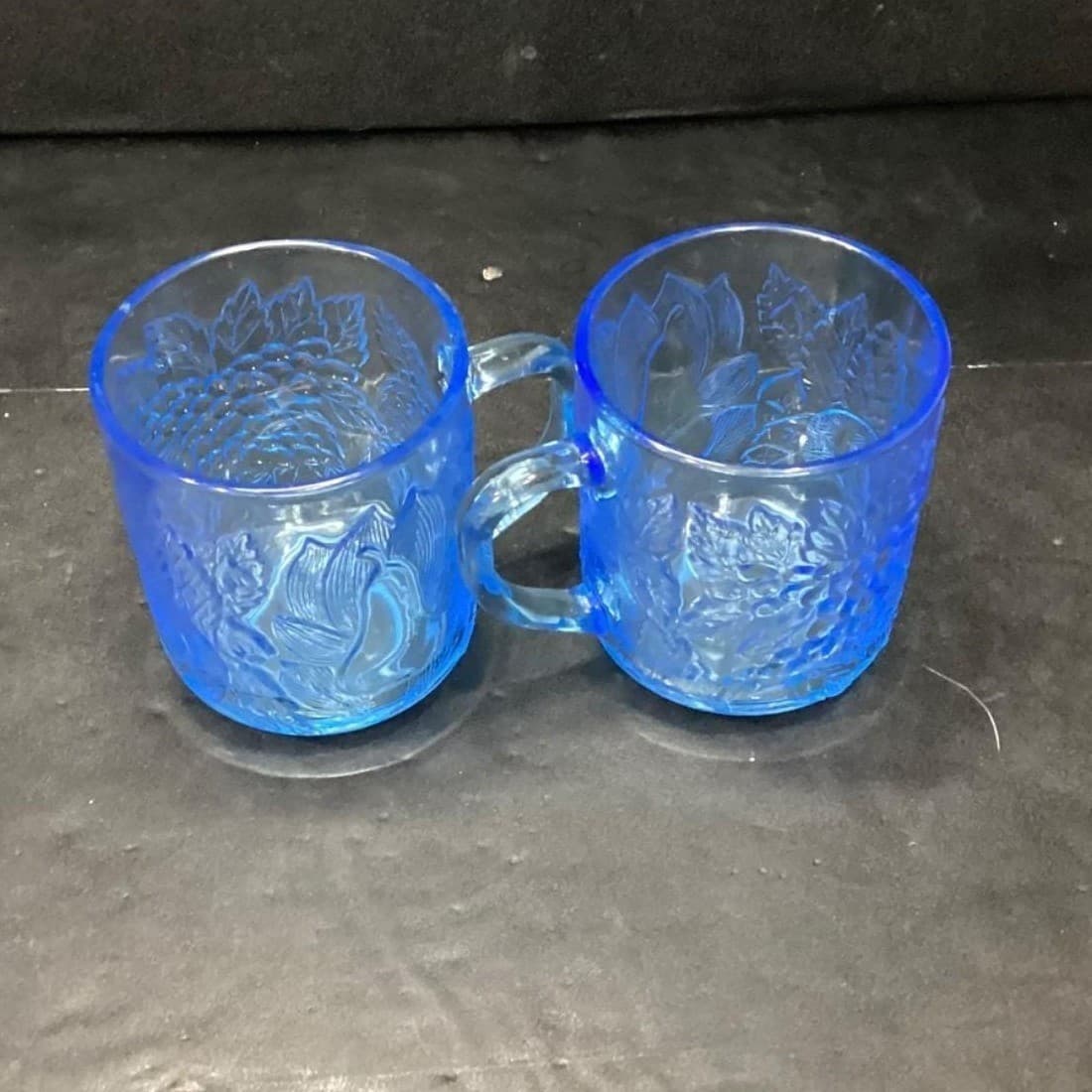 Kig Indonesia Blue Glass Cups, Set Of 2, Vintage Embossed Fruit Design Drinkware - Thumbnail 9