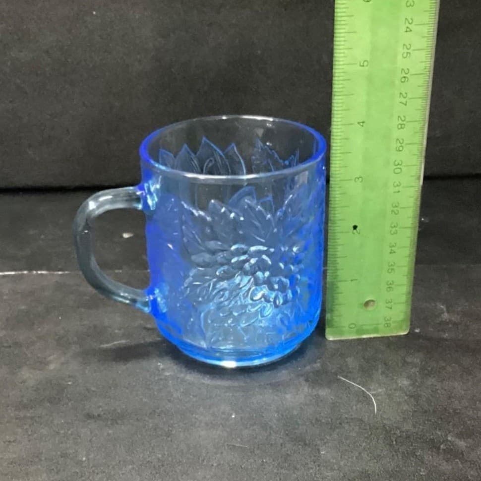 Kig Indonesia Blue Glass Cups, Set Of 2, Vintage Embossed Fruit Design Drinkware - Thumbnail 10
