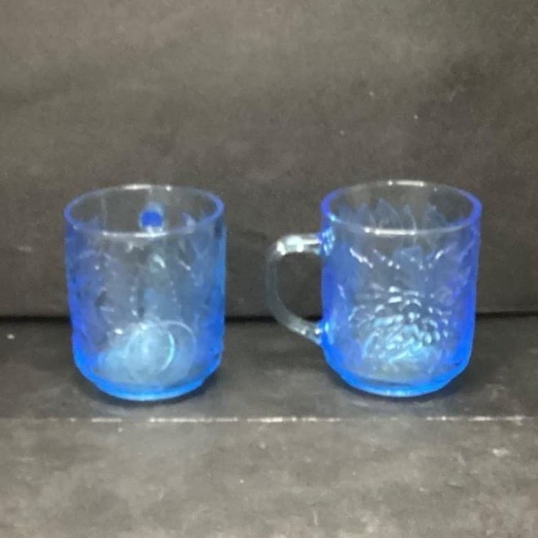 Kig Indonesia Blue Glass Cups, Set Of 2, Vintage Embossed Fruit Design Drinkware - Thumbnail 5