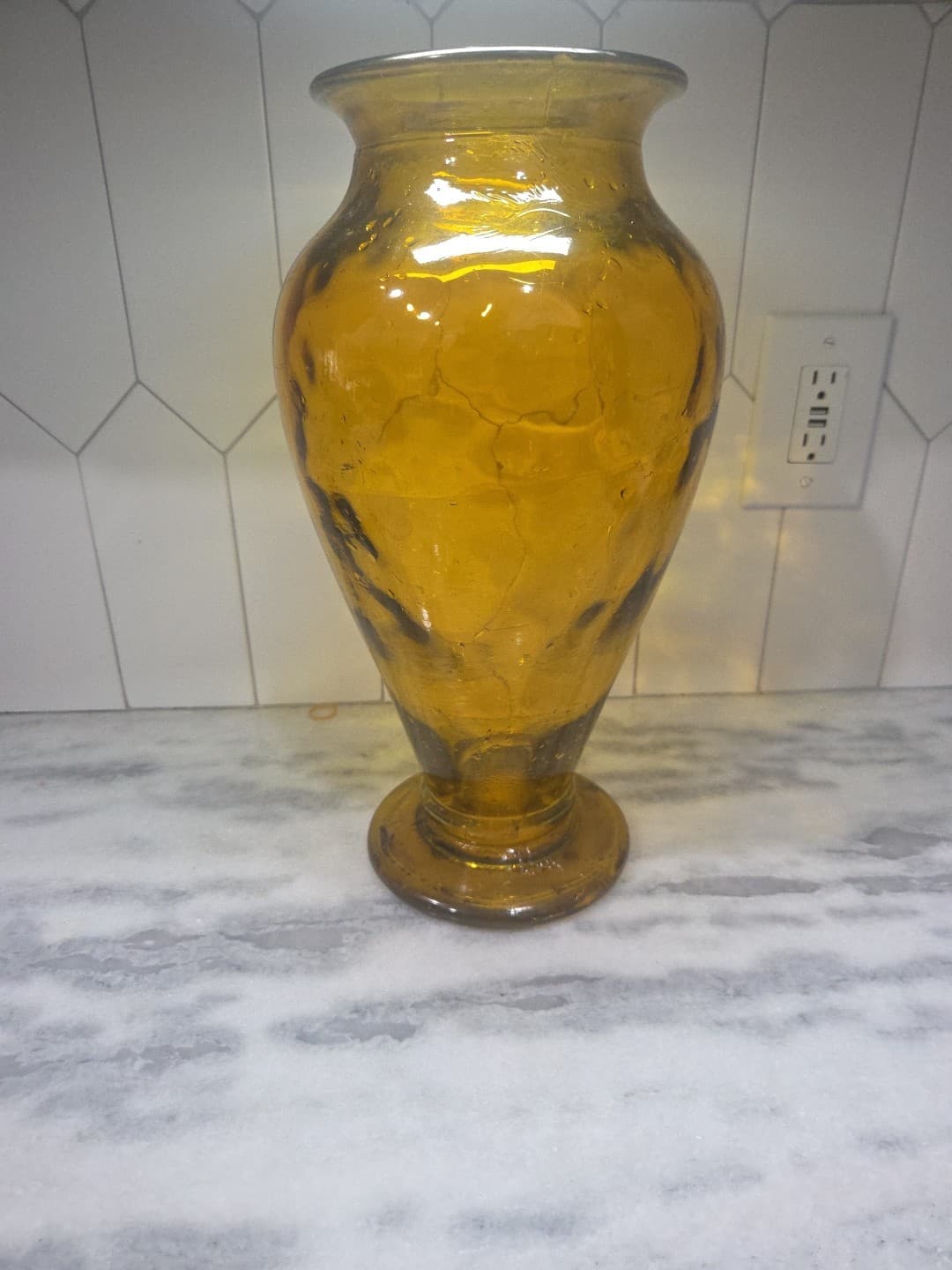 Vidrios San Miguel Style Amber Glass Vase, Handmade Yellow Floor Vase, 15" Tall - Thumbnail 4